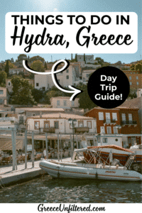 Harbor in Hydra, Greece on a sunny day. Text overlay says "things to do in Hydra, Greece day trip guide."