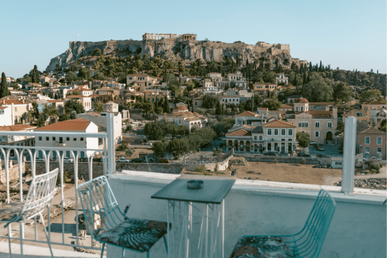 Rooftop terrace overlooking Monastiraki and the Acropolis, one of the scenic views from the best rooftop bars in Athens.