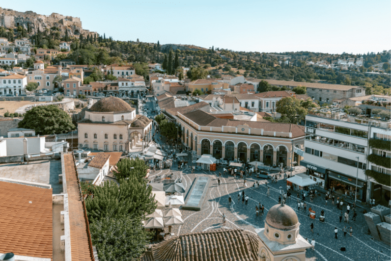 View over Monastiraki Square and its historic buildings on a sunny day, a popular area to explore when considering the best time to visit Athens.
