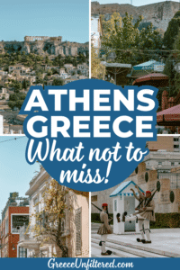 Collage of photos for what to do in Athens Pinterest pin. Text overlay says "Athens, Greece what not to miss."