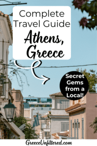 Quaint alley in Athens, Greece. Text overlay says "Complete travel guide Athens, Greece."