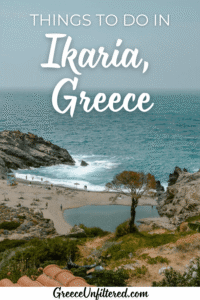 Pinterest pin showing a stunning coastal scene on Ikaria, Greece, with waves crashing against rocky cliffs and a small beach framed by a natural lagoon. Text overlay reads “Things to Do in Ikaria, Greece.”