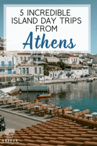 Pinterest pin graphic for 5 incredible island day trips from Athens, with Batsi harbor in Andros and large text over the water.