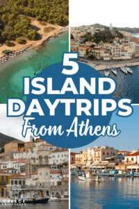 Pinterest collage graphic for 5 island day trips from Athens, showing Greek beaches, harbors, boats, and island towns.