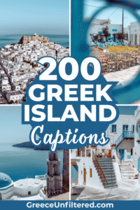 Pinterest pin collage showing iconic views of the Greek islands, including whitewashed buildings, turquoise cafés, and Aegean Sea vistas. Text overlay reads “200 Greek Island Captions.”