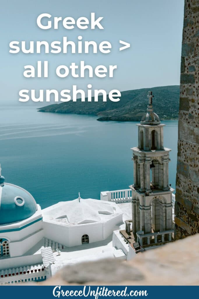 A blue-domed church and bell tower overlook the deep blue Aegean Sea, paired with the line “Greek sunshine > all other sunshine.” This shot is made for Greek island captions celebrating sun and iconic views.