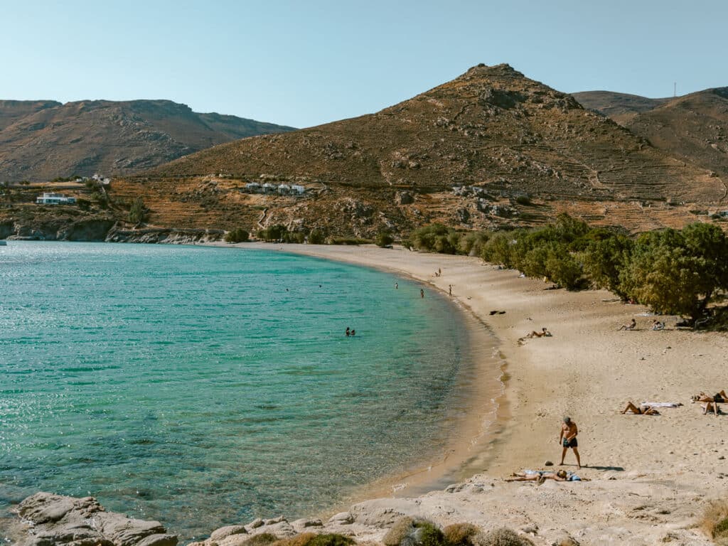 Golden sandy beach in Serifos with clear turquoise water and surrounding hills, dotted with tamarisk trees and sunbathers.