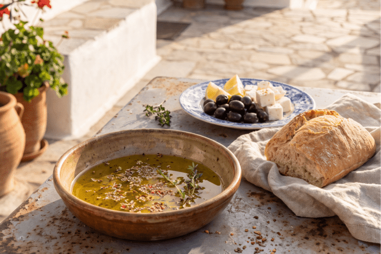Traditional Greek olive oil, bread, feta cheese and olives served outdoors, highlighting popular foods to eat in Greece.