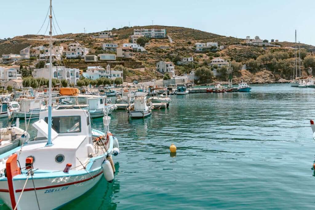 Small fishing boats in the harbor on Fourni island in Greece.