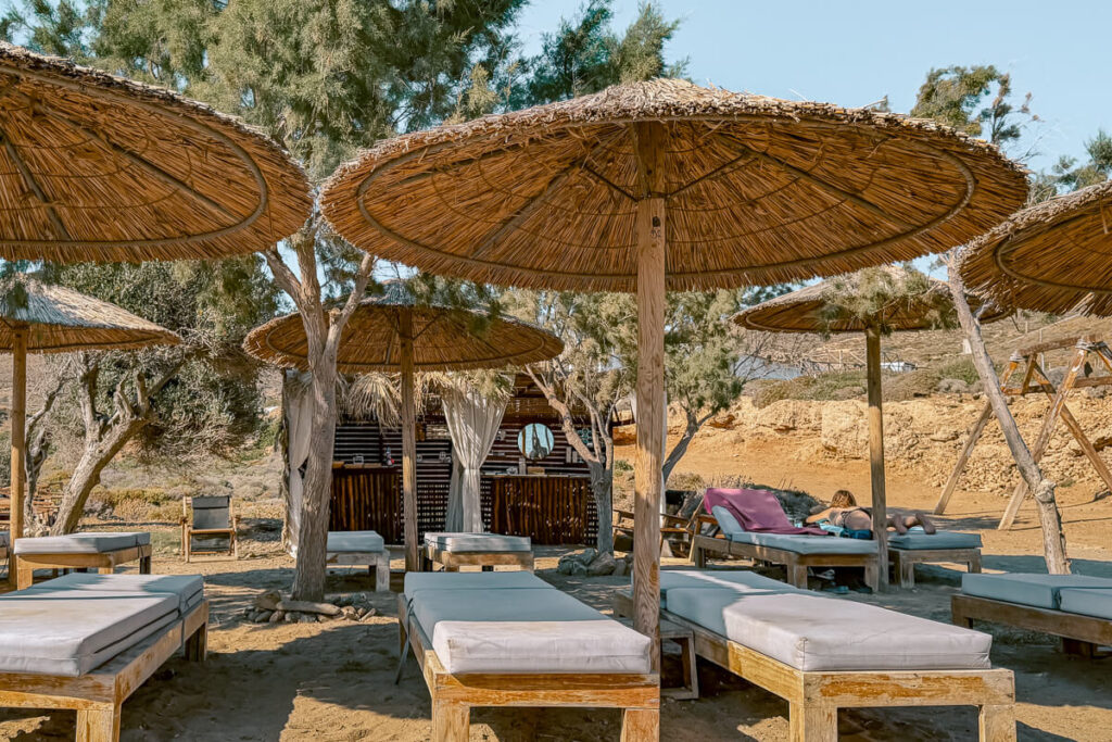 Organized sunbeds and straw umbrellas at Steno Beach in Astypalaia, with a small beach bar and trees behind the seating area.