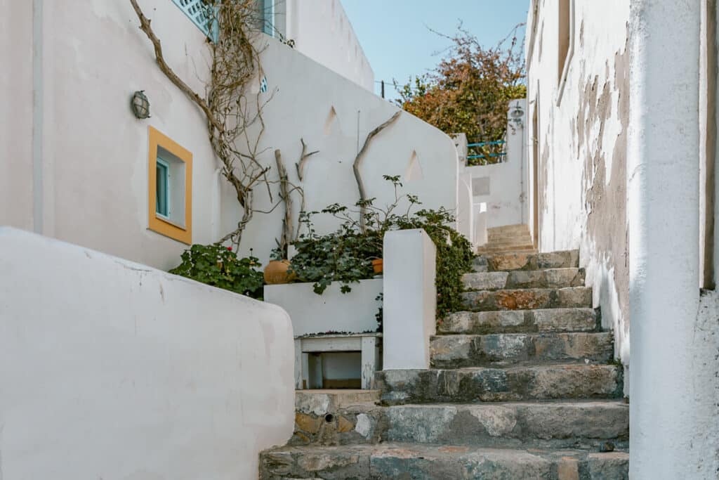 Charming alley in Chora, Astypalaia, with weathered stone steps and climbing vines