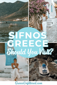 A Pinterest pin featuring scenic corners of Sifnos—white stairs, blue shutters, and a coastal view—with the text “Sifnos Greece – Should You Visit?”
