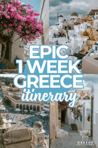 A visually striking collage with four Greece scenes: blooming bougainvillea over a stone alley, Santorini’s cliffside homes with windmills, Monastiraki Square in Athens viewed from above, and a quiet island alley framed by white walls and pink flowers. Text overlay says “Epic 1 Week Greece Itinerary.” Highlights scenic moments travelers can expect during a well-planned one-week Greece trip.