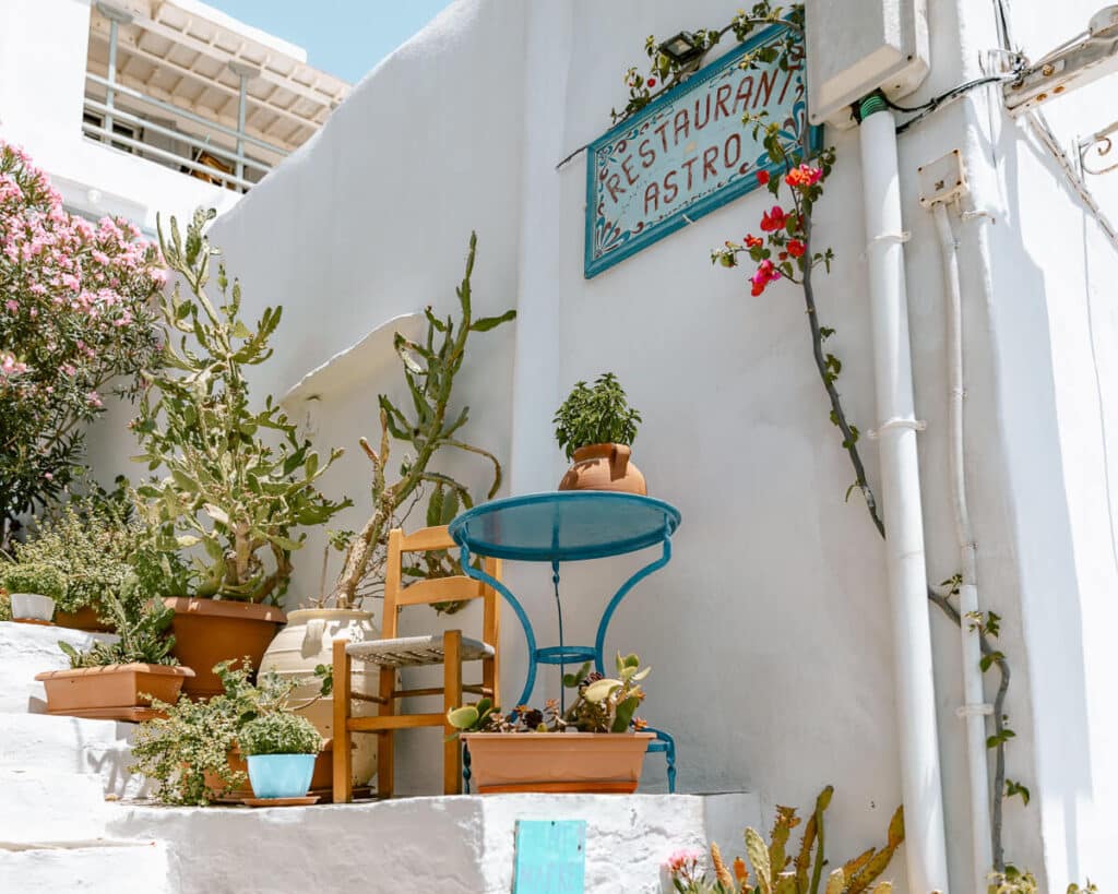 Blue metal table and wooden chair surrounded by potted plants and cactus beneath a restaurant sign, a peaceful corner typical of the best Greek islands to visit for the first time.