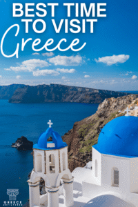 Pinterest graphic showing a blue domed church in Santorini overlooking the caldera, with text that reads “Best Time to Visit Greece.”