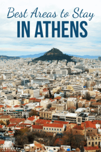 Pinterest pin for a where to stay in Athens guide, with views of the Acropolis and a whitewashed Athens street, plus text reading “Where to Stay in Athens, best areas & hotels.”