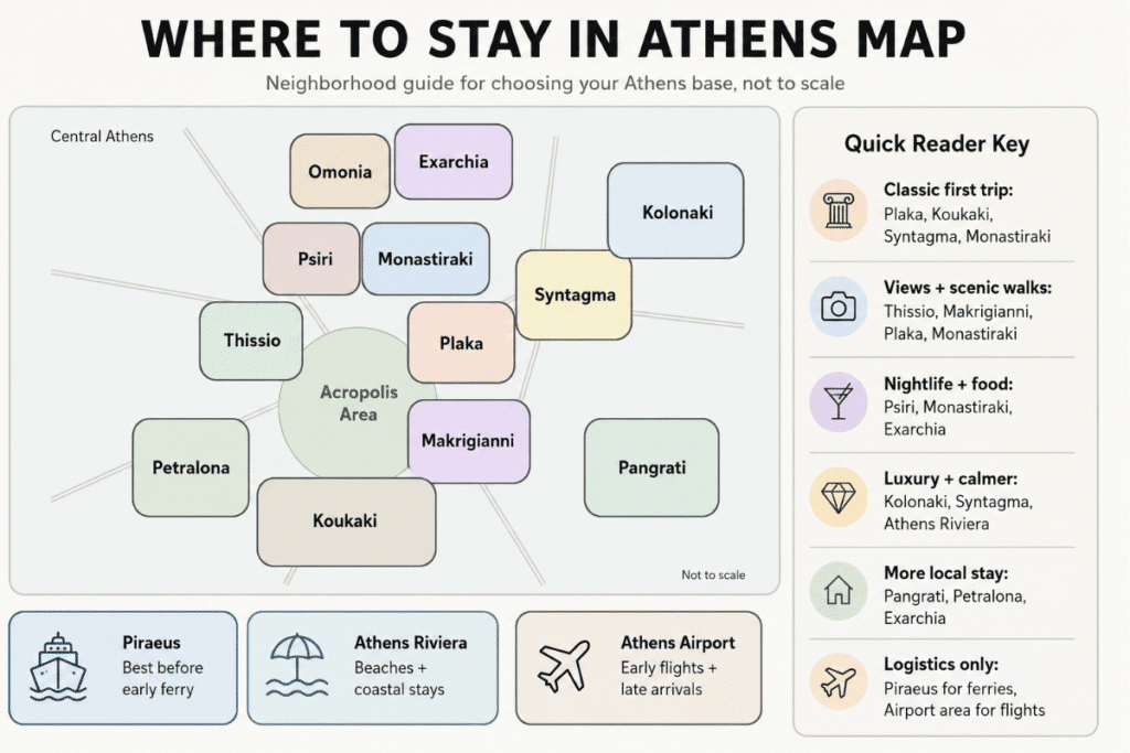 Illustration where to stay in Athens map showing central neighborhoods, including Plaka, Koukaki, Monastiraki, Syntagma, Kolonaki, Psiri, Exarchia, Pangrati, Petralona, Piraeus, the Athens Riviera, and Athens Airport.