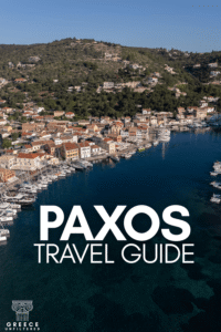 Pinterest pin for a Paxos travel guide showing an aerial view of Gaios harbor, boats, hillside homes, and clear dark blue water.