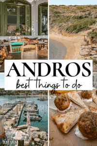 Pinterest collage graphic for an Andros travel post, featuring a beach, taverna, harbor, and Greek food with text that says Andros best things to do.