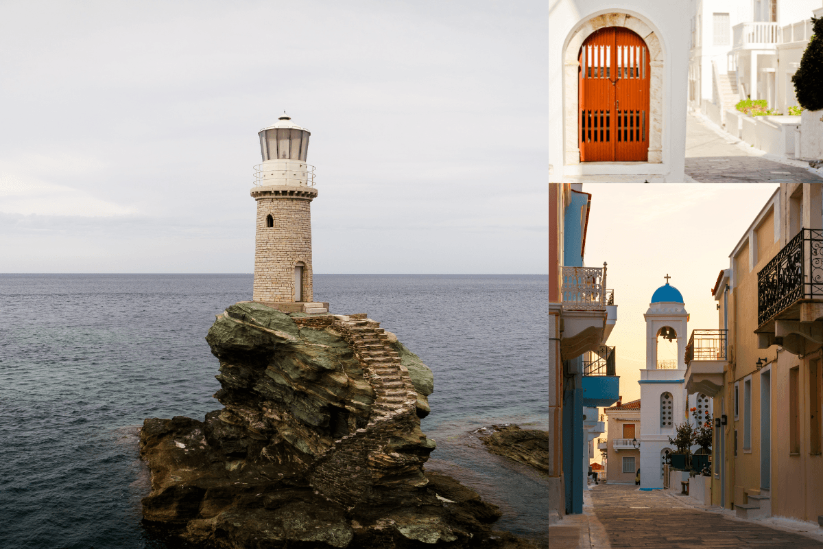 Collage of Andros featuring the Tourlitis Lighthouse, whitewashed streets, and a blue domed church, highlighting some of the sights to see when exploring things to do in Andros.