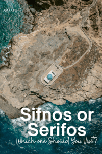 Pinterest graphic for Sifnos or Serifos showing an aerial view of the Church of the Seven Martyrs on the rocky Sifnos coastline with the text “Which One Should You Visit?”