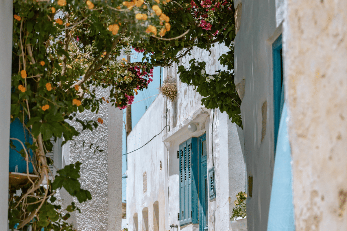 Whitewashed Greek island alley with blue doors and colorful flowers, highlighting the traditional Cycladic charm when choosing Sifnos or Serifos.
