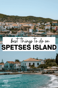 Pinterest graphic for things to do in Spetses featuring views of Spetses town, the harbor, and turquoise sea.