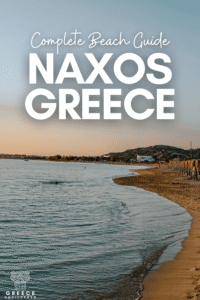 Pinterest graphic for a Naxos beaches guide featuring a sandy shoreline, calm blue water, and the text “Complete Beach Guide Naxos Greece.”